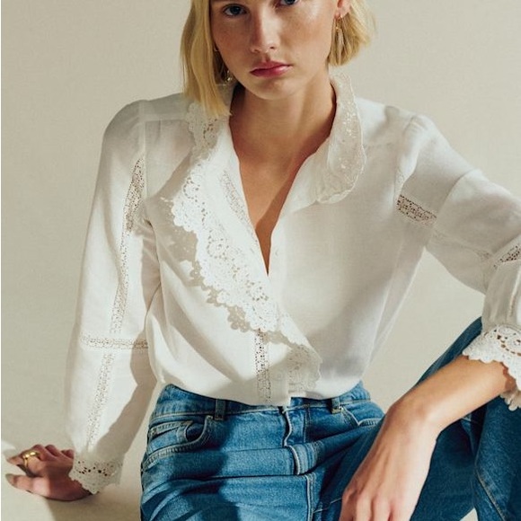 Sezane Tops - Sezane Chlo Ecru Crochet Shirt Blouse